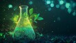 © Nicat - Green chemistry concept: glowing beaker and plant made of stars, dots, and triangles. Futuristic design.