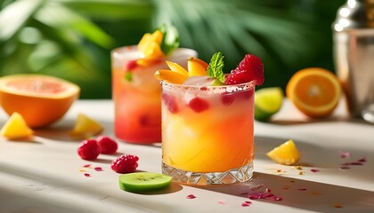 Wall Mural - Colorful cocktails infused with fresh fruit, basking in a warm, inviting backdrop, ideal for summer festivities