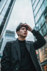 Poster - A man in a black suit is standing in front of a tall building. He is looking up and he is in a state of confusion or distress