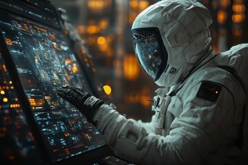 Wall Mural - a futuristic industrial command center with holographic displays operated by a technician in advanced protective gear dramatic lighting emphasizes the complexity of controls