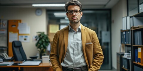 Wall Mural - A man in a business suit stands in front of a desk with a potted plant in the background