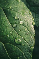 Wall Mural - A leaf with water droplets on it. The droplets are small and scattered, giving the impression of a light rain. The leaf is green and he is fresh and healthy