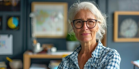 Poster - A woman in a blue and white plaid shirt is smiling and wearing glasses. She is standing in front of a desk with a clock on the wall