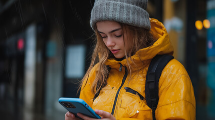 Wall Mural - A young woman wearing a yellow jacket and a gray hat is looking at her cell phone. She is standing outside in the rain