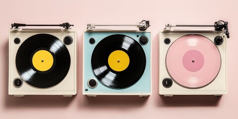 Wall Mural - Three record players with vinyl records.