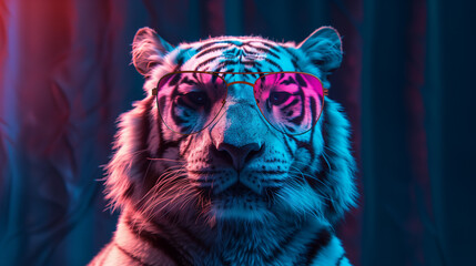 White tiger with sunglasses in front of a dark neon background