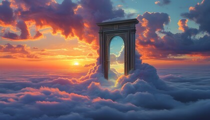 Mystical doorway amidst clouds at sunset beckons exploration into realms of wonder and imagination