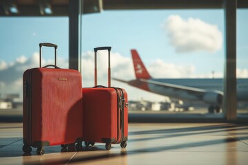 two suitcases and a travel bag near the window in an airport