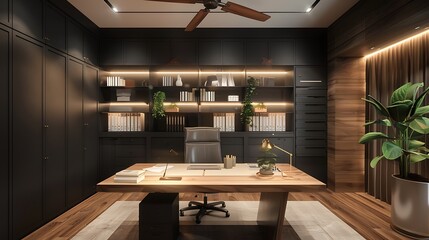 A home office featuring sleek black file cabinets, a wooden desk, and a ceiling fan, combining modern and classic elements for an efficient work environment.