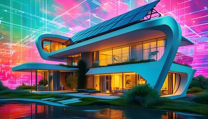 Wall Mural - Futuristic home with solar panels against a vibrant digital network, showcasing the fusion of modern technology and sustainable living