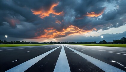 Dramatic empty athletic track under stormy skies capturing the dynamic and inspiring essence of sports environments