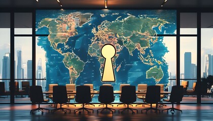 Wall Mural - Visionary boardroom with a giant map and a keyhole revealing the future of international business