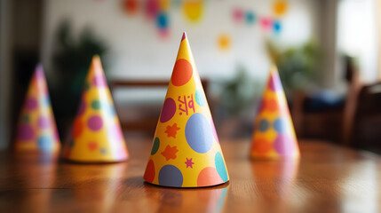 A party hat with simple design on a table.


