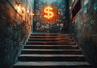 Wall Mural - Neon Dollar Sign on Brick Wall