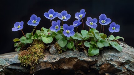 Wall Mural - Delicate Blue Flowers Blooming on a Rock