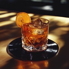 A refreshing cocktail served in a crystal glass, garnished with a lemon slice and ice, perfect for a classy gathering.