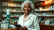 © zamuruev - A woman in a white lab coat stands in a pharmacy, smiling as she holds a tablet. Shelves filled with various products are visible behind her, creating a welcoming atmosphere