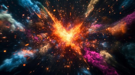 Wall Mural - Colorful explosion with bright sparks and smoke against a black background.