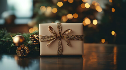 A beautifully wrapped gift box adorned with a golden bow, set against a festive backdrop of twinkling Christmas lights.