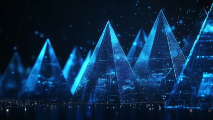 An abstract digital 3D polygonal growth arrow is presented on a technology blue background.