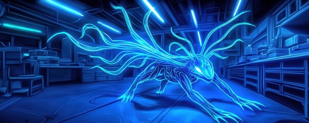 A creature with delicate, glowing tendrils for arms, crawling through a dark, abandoned laboratory, Sci-fi, Digital art, Electric blue, Fragile yet menacing