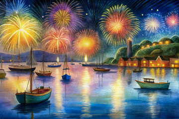 Wall Mural - fireworks over the river