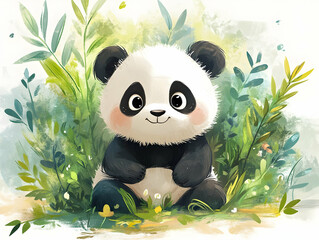 A cute, cartoon panda sitting among lush greenery, exuding charm and playfulness in a vibrant watercolor style.