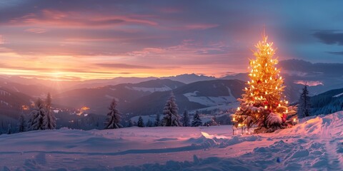 A Christmas tree with candles and lights stands lonely and romantic in a panoramic landscape with snow and mountains at sunset