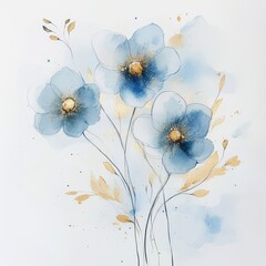 Watercolour, delicate flowers, soft blue and gold colours, white background