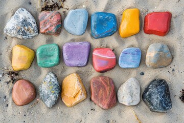 A collection of brightly painted rocks arranged in a perfect rectangle on a sandy beach 