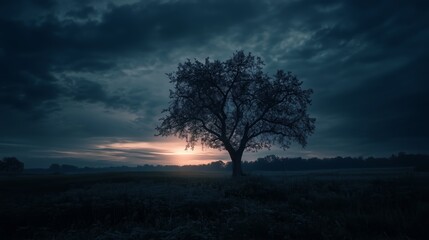 Canvas Print - A solitary tree stands against a dramatic sky during sunset in a tranquil landscape