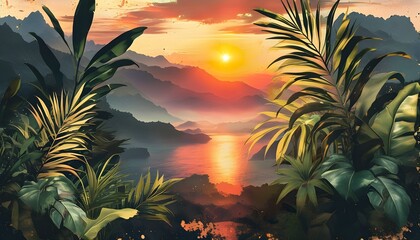 Wall Mural - Tropical Sunset Mountain Landscape in Abstract Design Style with Plants for Artistic Backgrounds and Collages