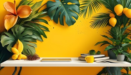 Poster - Tropical Summer Vibes: Abstract Illustration of Plants and Fruits in a Vibrant Art Collage Design