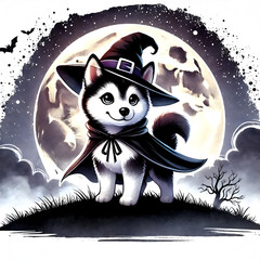 Wall Mural - The cute husky in a witch costume standing on a spooky hill under the full moon.