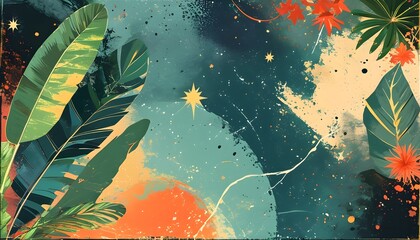 Poster - Tropical Summer-Themed Abstract Background with Stars and Plant Illustrations for Desktop Wallpaper and Artistic Collage Design