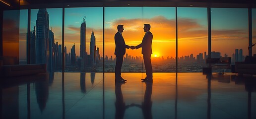 Wall Mural - Two businessmen shaking hands in front of a panoramic city skyline at sunset.