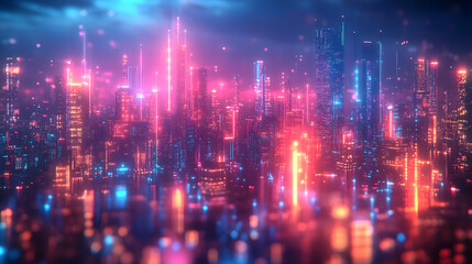 Wall Mural - A vibrant, neon-lit cityscape showcasing futuristic architecture and colorful lights in a mesmerizing twilight scene.