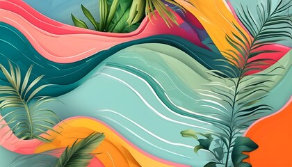 Wall Mural - Vibrant Tropical Abstract Waves in Colorful Art Collage for Summer-Themed Desktop Background and Creative Projects