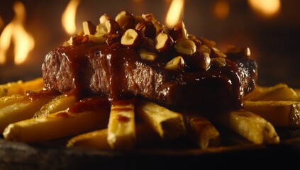 Wall Mural - French fries and cheese curds are topped with a gravy for the Canadian Poutine food dish