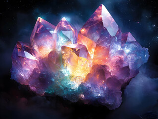 Wall Mural - vibrant and radiant crystal formation glowing in colorful hues against a dark, starry background, pe