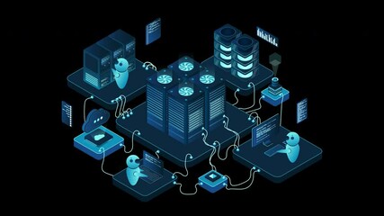 Isometric data center or server room animation. Data center connection network. Cloud storage. Isometric high technology concept. Transparent background with alpha channel