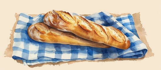 Delicious French Bread Salt Bread Or Pistol On The Decorated With Blue Checkered Towel