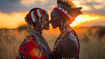 A romantic portrait of two individuals adorned in traditional attire, sharing an intimate moment at sunset in the savannah.