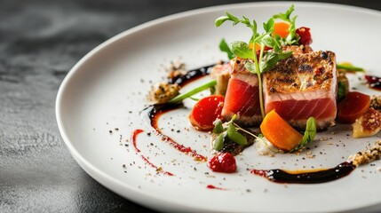 Wall Mural - A beautifully plated bluefin tuna dish with vegetables and sauce, set against a simple table backdrop. The ample space around the plate is perfect for text.