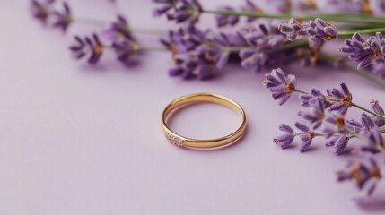 A delicate gold ring placed on a pastel lavender background.