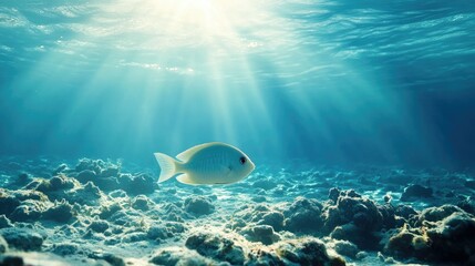 Wall Mural - A calm underwater scene featuring a single sea fish resting on the ocean floor, with a soft and natural light