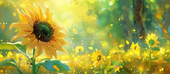 Poster - Bright Yellow Sunflower Green Tree Background