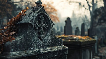 Sticker - Closeup of a desolate cemetery, intricate gravestones, closeup , desolate , cemetery 