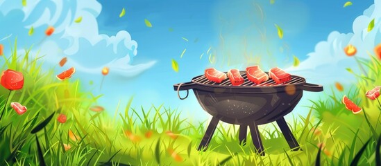 Sticker - Barbecue On A Hot Day During The Summer Vacation On A Green Grass Background Meat On The Grill