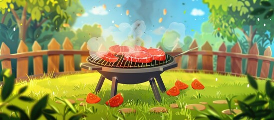 Sticker - Barbecue On A Hot Day During The Summer Vacation On A Green Grass Background Meat On The Grill